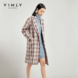 Vimly Winter Women Over Coat Plaid Woollen Jacket Elegant Lapel Brooch Double Breasted Loose Fashion Female Long Coat 30151 201216