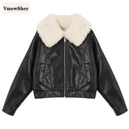 VmewSher New Women Winter Plush Lined Black Faux Leather Jackets Short Warm Zipper Basic Coat Fur Collar Motor Biker Jacket 201030