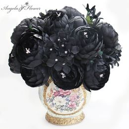 12 Heads Black Peony Hydrangea Rose Artificial Flower Bouquet Home Decor DIY Wedding Flower Wall Materials Photo Props Wholesale 201222