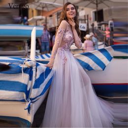 Verngo Elegant A Line Violet Prom Dresses Illusion Long Sleeves Lace Applique Lilac 2020 Prom GowTulle Beauty Pageant Dress