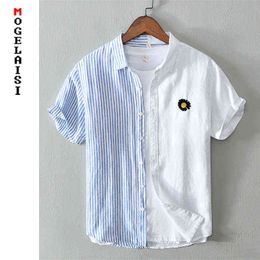 New men shirt summer 100% linen patchwork tops shirts Breathable short sleeve fashon stripe embroidery man clothing 556 G0105