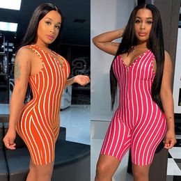 Women's summer one-piece tracksuit striped zipper v-neck sleeveless shorts jumpsuit casual jumpsuit T200704