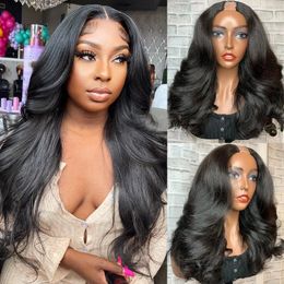 250Density Glueless Body Wave U Part Wigs 100% Human Hair 100% Unprocessed Middle Parts Natural Black Color Full Machine Half Wig