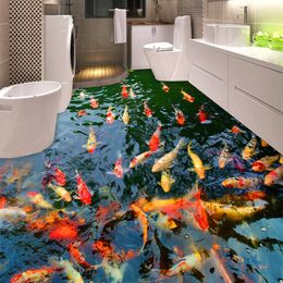 PVC Self Adhesive Waterproof 3D Floor Murals Goldfish Pond Po Wall Paper Sticker Bathroom Kitchen Home Decor Papel De Parede 201009