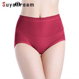 SuyaDream Woman Panties 100% Natural silk High rise Underwear Lace Waist Seamless Healthy Panties Everyday Wear Briefs for Women 201112