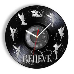 Believe In Fairies Vinyl Disc Crafts Wall Clock Fantasy Baby Room Decor Fairy Tale Vintage Vinyl Record Timepieces Wall Watch H1230