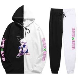 Unisex 2 Pieces Sets Anime Killua Hunter X Hunter Harajuku Print Patchwork Thin Hoodie+Patchwork Pants Casual Clothes Summer G1222