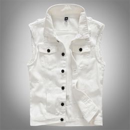 big size 5xl men white vest summer style Men's denim vest slim men denim Outerwear Coats fashion hole Sleeveless vest for men 201120