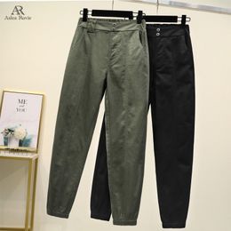 Cargo Pants Women High Waist Plus Size Casual Loose Broadcloth Elastic Waist Ankle-length Army Green Black Trousers Women 201031