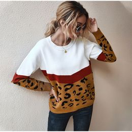 Leopard Print Women Sweater Colorblock Patchwork Loose Female Pullover Contrast O-Neck Casual Autumn Winter Lady Jumper 201221