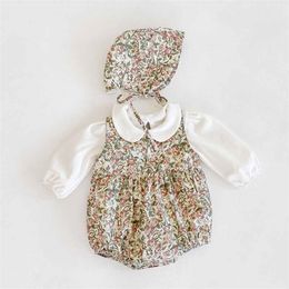 Autumn Floral Baby Girl Romper Clothes Cute Korean Jumpsuit Cotton sleeveless romper+T-shirt+Hat 3pcs born 220211