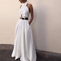 Halter Wide Leg Sexy Bodycon Summer Jumpsuit Women Overalls Backless White Skinny Rompers Womens Jumpsuit Female Long Pants T200624