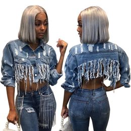 Tsuretobe Tassel Ripped Cropped Jean Jacket Women Autumn Chain Long Sleeve Denim Jacket Streetwear Short Denim Coat Female Outwe 201126