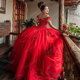 Glitter Bling Red Quinceanera Dresses 2021 Elegant Off The Shoulder Ball Gown 3D Florals Prom Dress Lace Up Beaded Masquerade Sweet 15 Dress