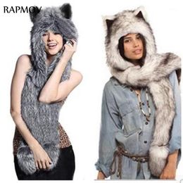 -Mütze / Schädelkappen Winterhüte für Frauen Faux Pelzhaube Tierhut Ohrklappen Handtaschen 3in1 Wolf Plüsch Warmkappe mit Handschuh1