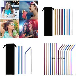 Eco Friendly Reusable Straw 304 Stainless Steel Straw Metal Smoothies Drinking Straws Set with Brush & Bag Factory Wholesale LZJ0212