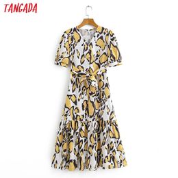 Tangada fashion women leopard print summer dress short sleeve Ladies v neck midi Dress Vestidos 2F14 T200613