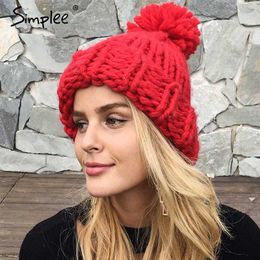 simplee knitting wool ball beanies casual streetwear warm hat cap women autumn winter cute beanie hat female