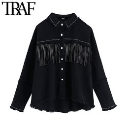 TRAF Women Stylish Tassel Beaded Oversized Denim Jacket Coat Vintage Fashion Long Sleeve Frayed Trim Outerwear Chic Loose Tops 201106