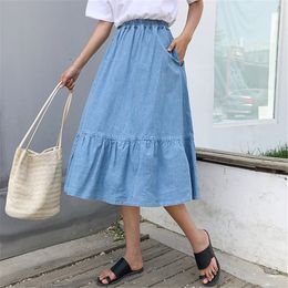 Neophil 2020 Preppy Style Women Denim Mid-Calf Skirts High Waist Plus Size Faldas Larga Women Button Jean School Skirt S1731 T200712