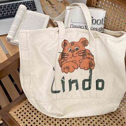 Shopping Bags Women Cartoon Animal Print All-Match Canvas Large Capacity Tote Ins Little Tiger Shoulder Ladies Handbag 220301