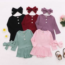 2020 New Kids Clothing Sets Long Sleeve Dress Romper Pit Knitted Jumpsuist + Headbands 2Pcs/Set Baby Clothes M3030