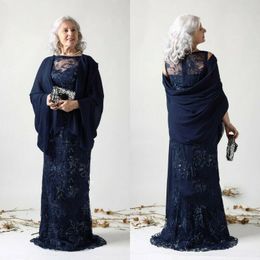 Navy Blue 2021 Mother Of The Bride Dresses With Jacket Lace Appliqued Evening Gowns Plus Size Wedding Guest Dress