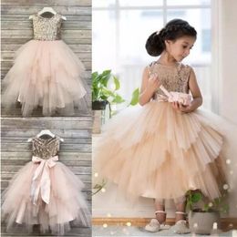 Champagne Ball Gown Flower Girl Dresses For Weddings Sequined Toddler Pageant Gowns Tulle Tea Length Tiered Kids Prom Dress