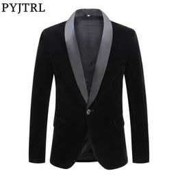 PYJTRL Male Plus Size Classic Black Shawl Lapel Velvet Blazer Men Fashion Casual Wedding Groom Slim Suit Jacket Singers Costume 201027