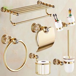 Luxury Gold Crystal Brass Bathroom Accessories Bathroom Hardware Set Gold Soap Dish Towel Holder Hair Dryer Rack Paper Net 2 LJ201209