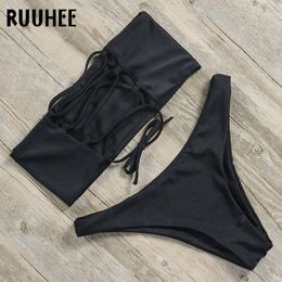 RUUHEE Black Bikini Swimwear Sexy Swimsuit Women 2019 Bandeau Brazilian Bikini Set Bathing Suit Summer Swimming Suit Beach Wear T200708