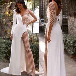 Sexy Jumpsuit Evening Dress Pants Suit Long Sleeves V-Neck Backless Illusion Sequins Tulle Prom Pants With Train Outfits robes de soirée