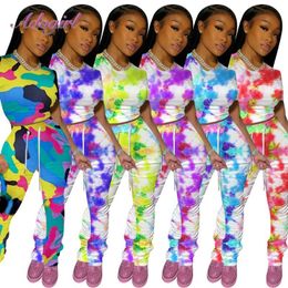 Women Camouflage Two Piece Sets Tie Dye Print Crop Tops Tee Stacked Leggings Pants Suit Set Outfit Streetwear Joggers Tracksuit