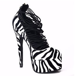 Sexy Ladies Zebra Striped Horsehair Thin Strap Dress shoes wedding Pumps Female High platform Stiletto Heels Pointed Toe Back Zipper Super High-Heeled Club Shoe