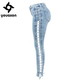 2134 Youaxon New Lace Up Jeans Woman Plus Size Stretchy Denim Skinny Pants Trousers For Women Jeans 201105