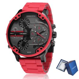 Cagarny 57mm 3D Big Dial Red Watch Men Luxury Silicone Steel Band Mens Wristwatch Casual Quartz Watch Military Relogio Masculino LJ201202