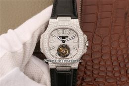 R8F Nautilus 5711 Full Diamonds Real Tourbillon Mechanical Hand-winding Mens Watch Diamond Dial Leather Strap Gents Sports Watches
