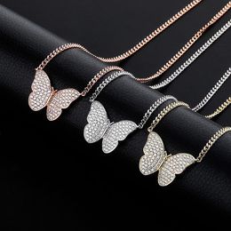 Hip Hop Bling Women Necklace 18K Twist Chain Big Butterfly Pendant Iced Out Bling Gold Plated Jewelry