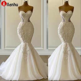 NEW! 2022 Sexy Vestido De Novia Mermaid Wedding Dresses Formal Bridal Gowns Sweetheart Embroidery Lace Appliques Crystal Beads Luxury Illusion Sweep Train Plus Size
