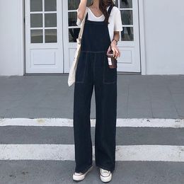 Qooth Vintage High Waist Jeans Overalls Women Big Pockets Denim Romper Ladies Wide Leg Harem Jumpsuits Capri Jeans QH2370 201105