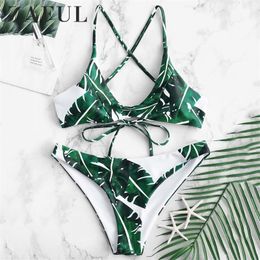 ZAFUL Bohemian Bikini Palm Leaf Crisscross Bikini Set Low Waisted Swimsuit Spaghetti Straps Swimwear Women Push Up Bathing Suit T200508