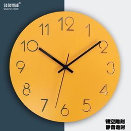 Wall Clocks Nordic Large Clock Watch Wood Modern Living Room Bedroom Silent Yellow Office Kitchen Pendule Mural Decor SC4091