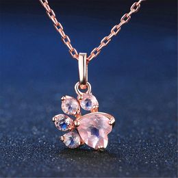 Fashion Cute Rose Gold Bear Paw Dog Cat Claw Pink Necklace Shiny Cubic Zirconia Footprint Necklaces For Women Love Jewellery