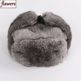 New Russian Winter Unisex Real Rabbit Fur Bomber Hat Men Warm 100% Natural Rabbit Fur Hats Male Full Pelt Genuine Rabbit Fur Cap Y200110