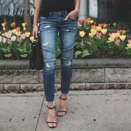 Women Denim Skinny Pencil Pants Ripped Destroyed Pleated Stretch Jeans Slim Casual Jean Trousers Streetwear Plus Size