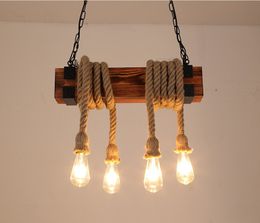 Adjustable retro industrial wood chandelier dining room lighting fixture bar cafe bar hemp rope pendant lamp E27 hanging lamp