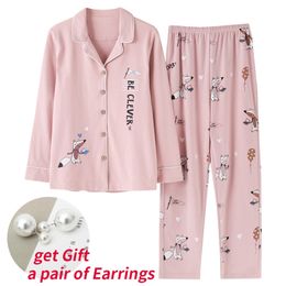 Pajamas Sets Spring Autumn Pink Cartoon Fox Women Long Sleeve Sleepwear Suit Home Women Gift Female Sleepwear Pijama Mujer Femme Y200708