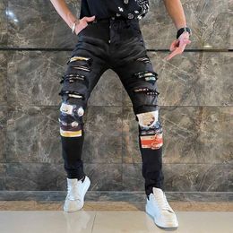 Jeans da uomo American High Street Tide Brand Wash Water Black Hole Big Damage Old Patch Contrast Colour Panno Slim Fit Jeans da uomo