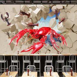 Custom 3D Creative Poster Crayfish Broken Wall Mural Wallpaper Seafood Hot Pot Restaurant Kitchen Photo Background Painting