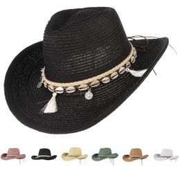 GEMVIE Shell Tassels Cowgirl Summer Straw for Women Men Western Cowboy Lady Trendy Woven Sun Hat Beach Cap Y200602